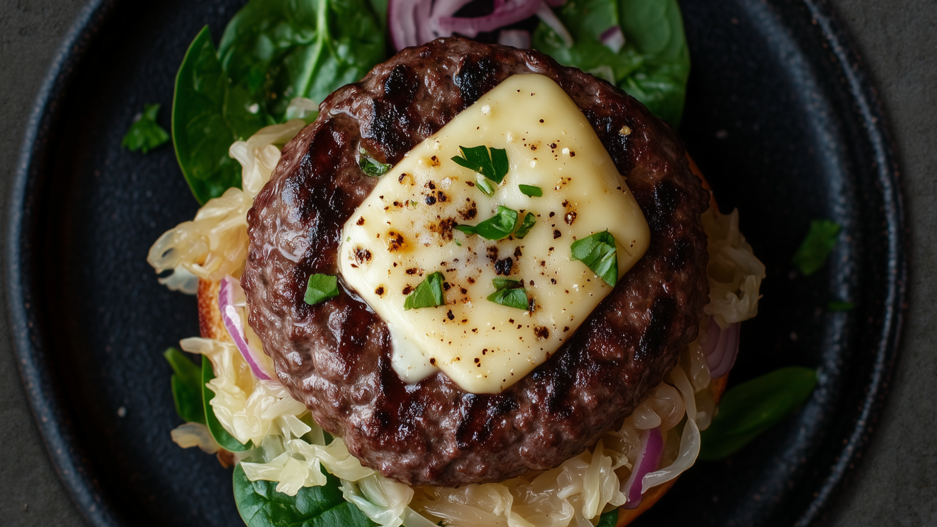 Photo of Grilled Burger with Swiss Cheese, Sauerkraut, and Chipotle Mayo 