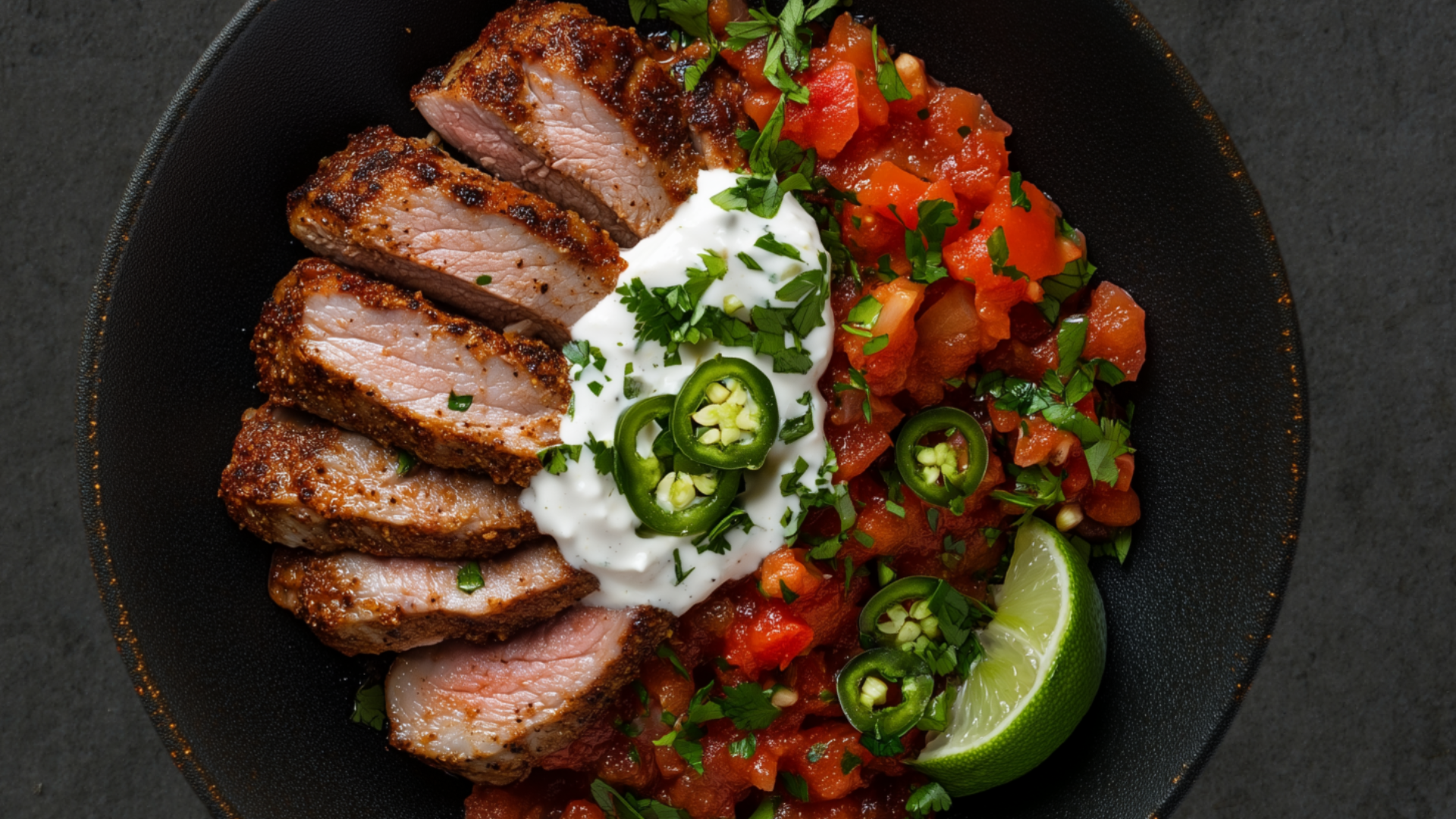 Photo of Fajita-spiced pork chop with tomato salsa, pickled jalapeño & garlic lime crema.