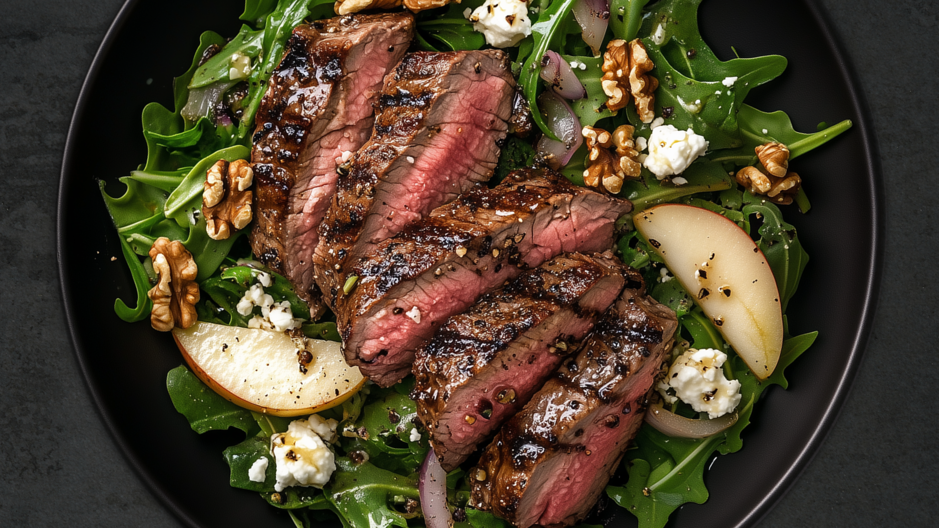 Photo of Grilled Steak with Goat Cheese, Pear & Walnut Arugula Salad