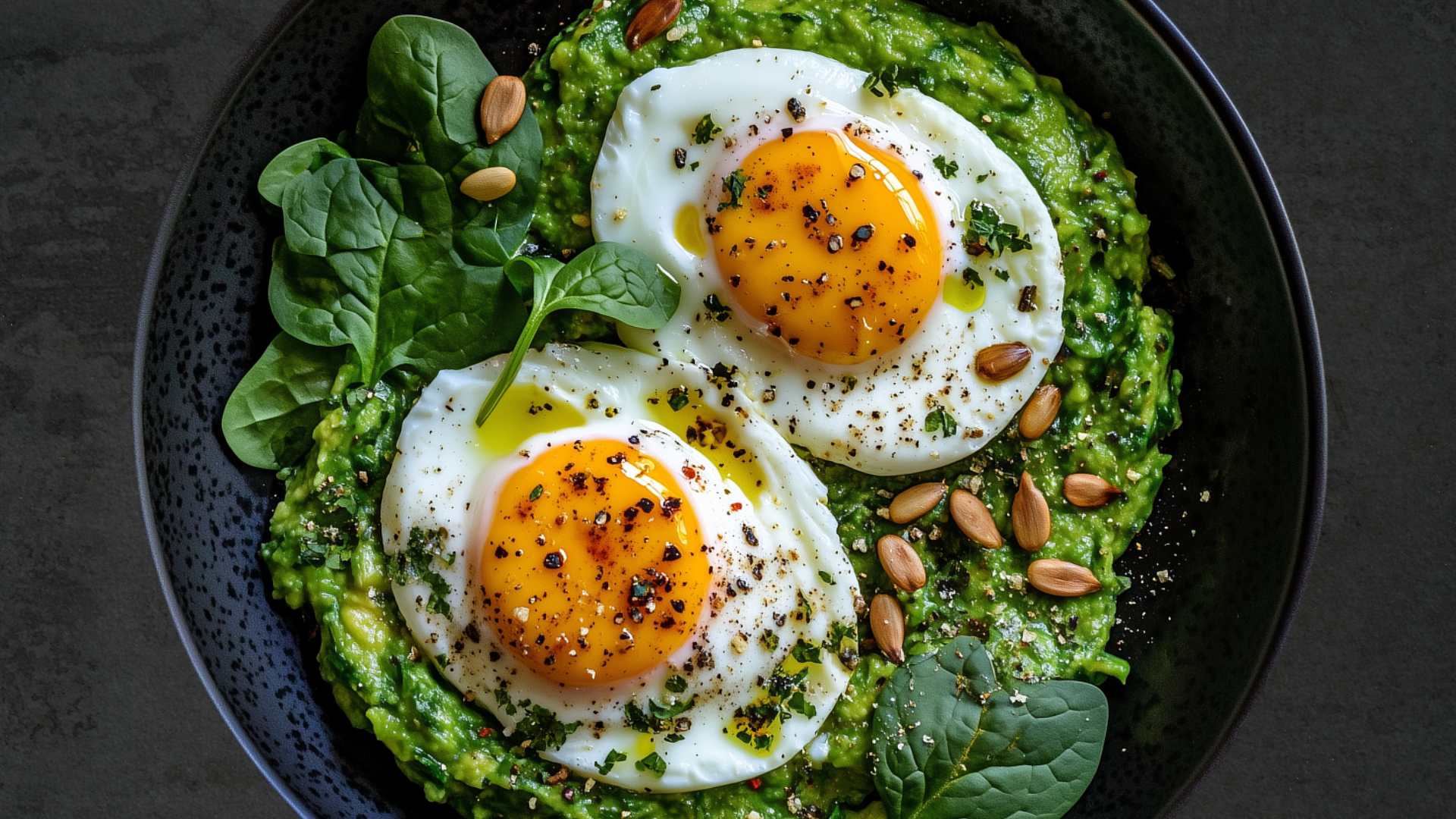 Photo of Poached Eggs with Spiced Avocado Cream & Spinach Pesto 