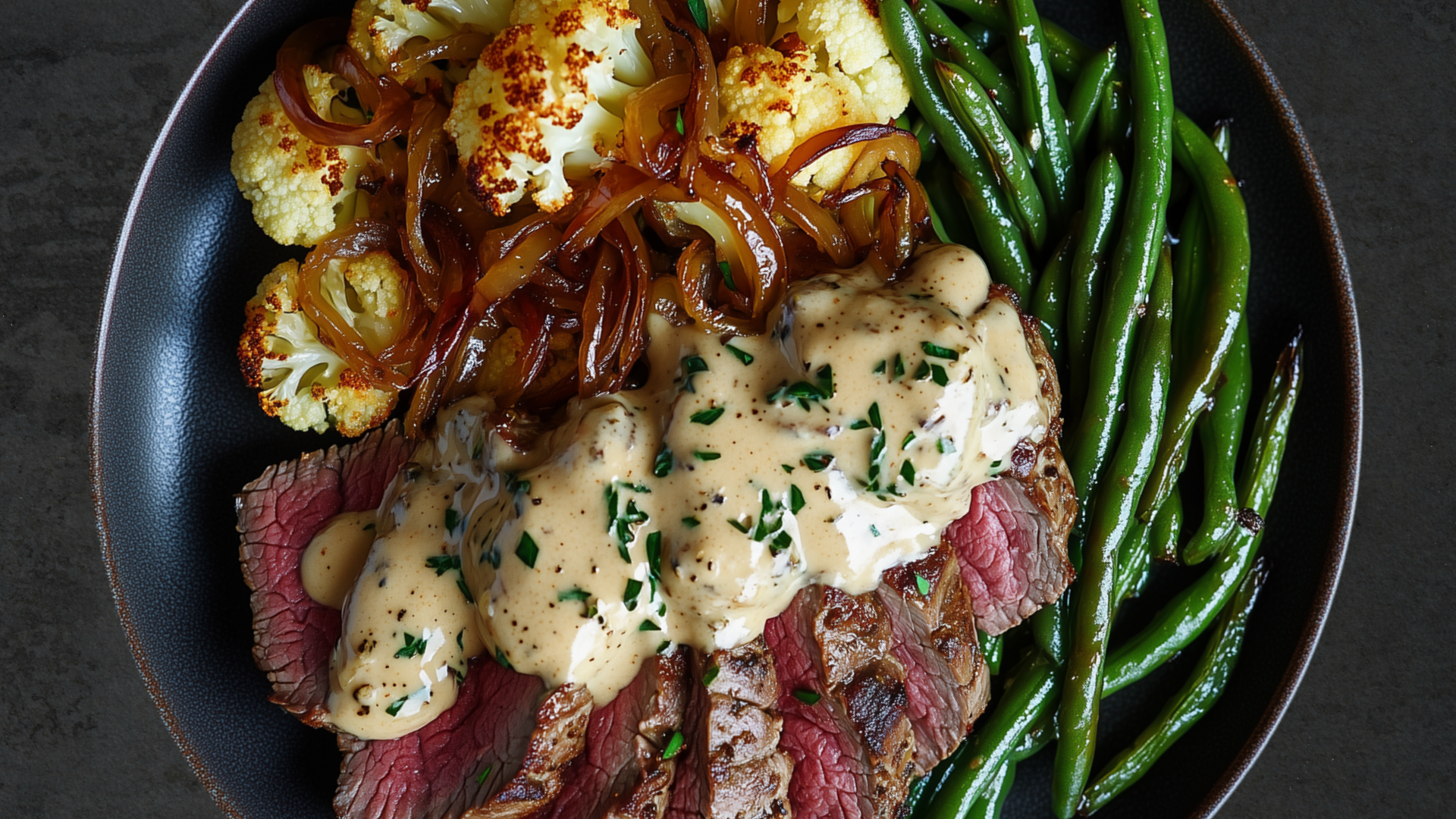Photo of French Onion Beef Tenderloin with Roasted Green Beans, and Cauliflower