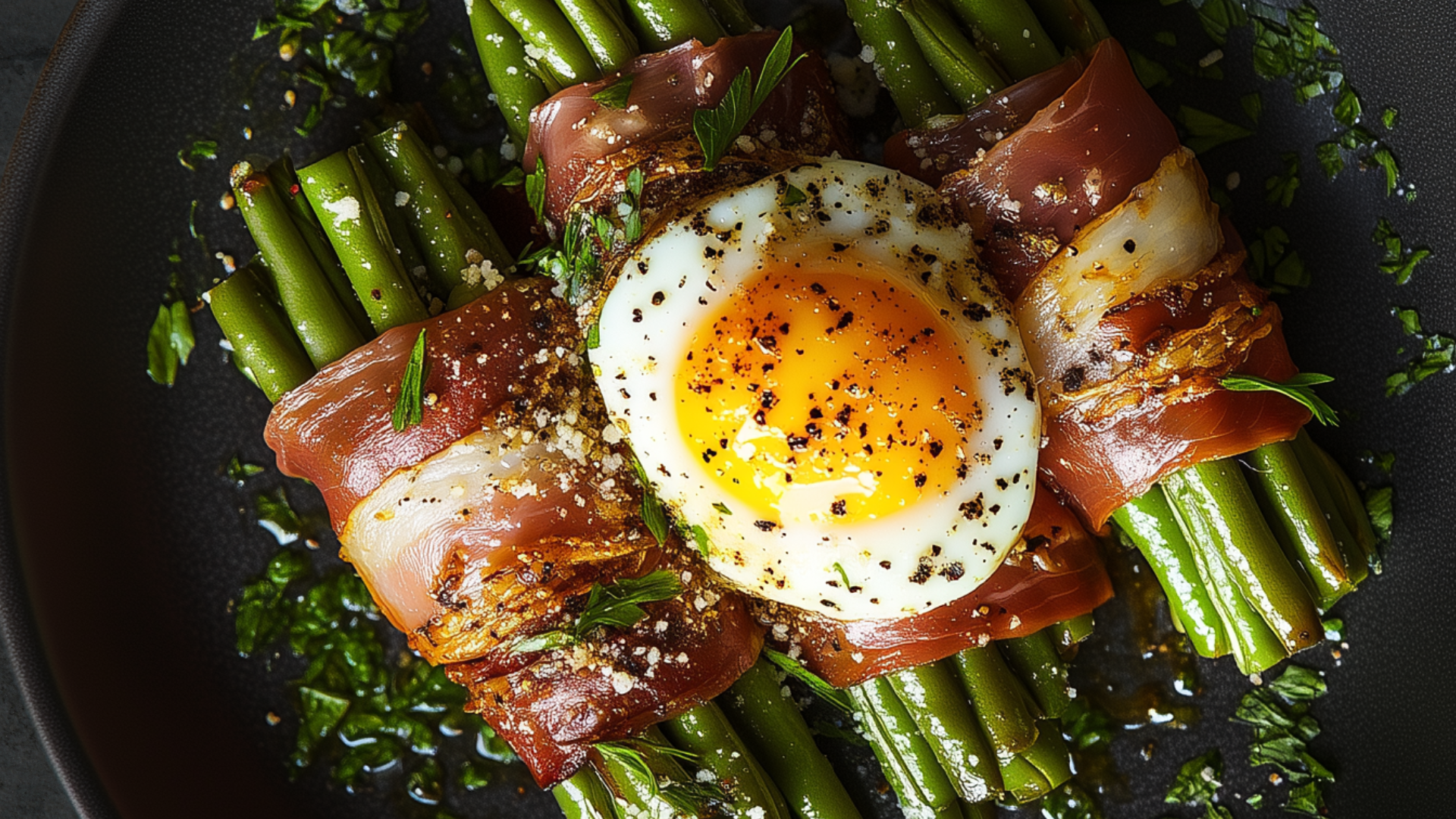 Photo of Prosciutto-Wrapped Green Beans & Poached Egg with Parmesan 