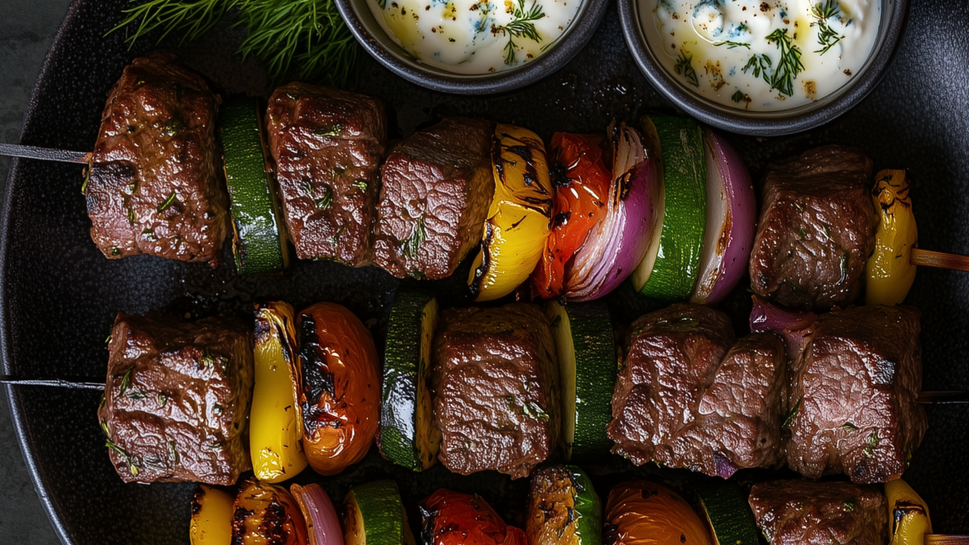Photo of Garlic Herb Beef Kebobs with Creamy Feta & Blue Cheese Sauces 