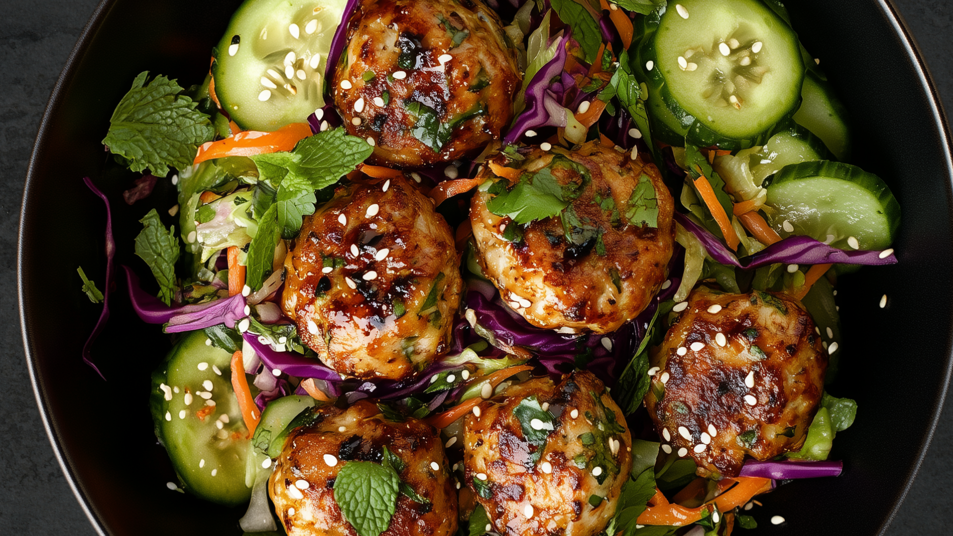 Photo of Thai-Inspired Chicken Meatballs with Cucumber & Mint Slaw 