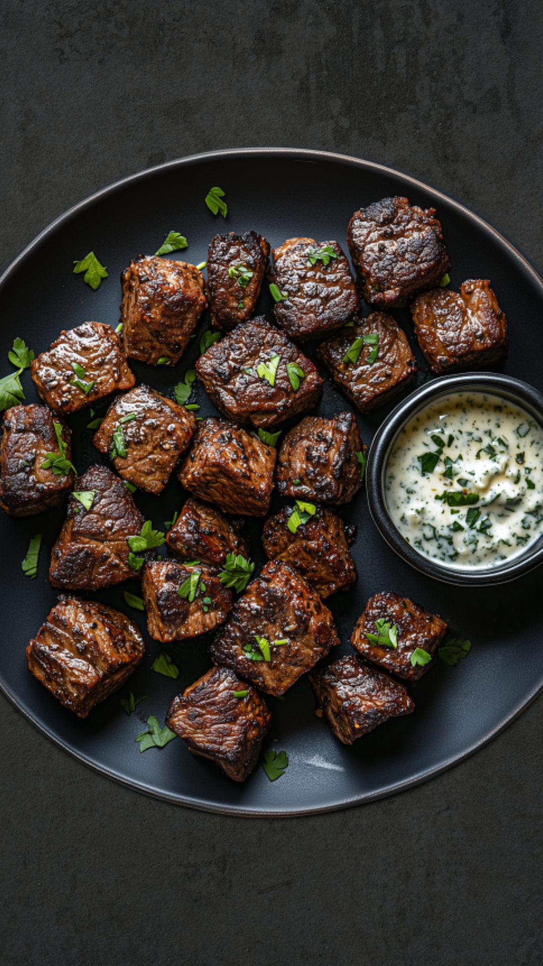 Photo of Garlic Butter Steak Bites with Herb Garnish & Dipping Sauce