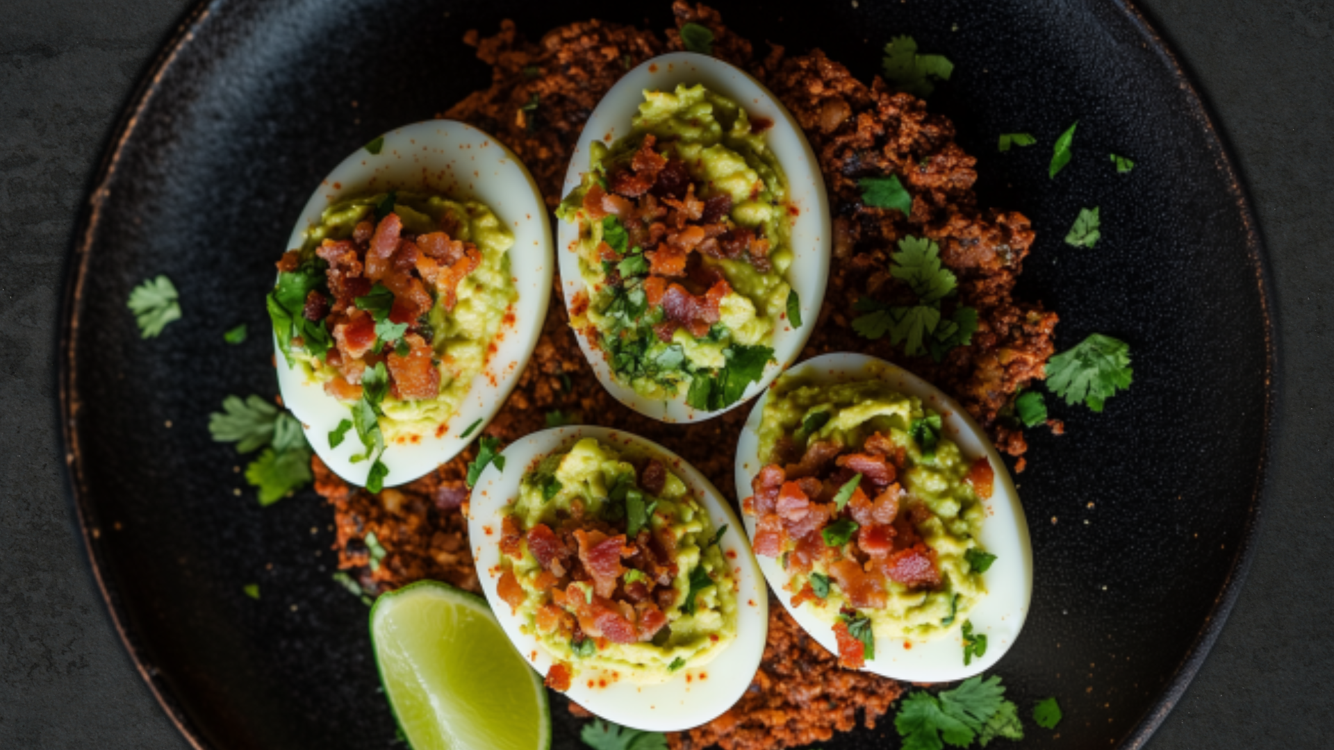 Photo of Avocado Bacon Deviled Eggs Over Cilantro Tomato Ground Beef