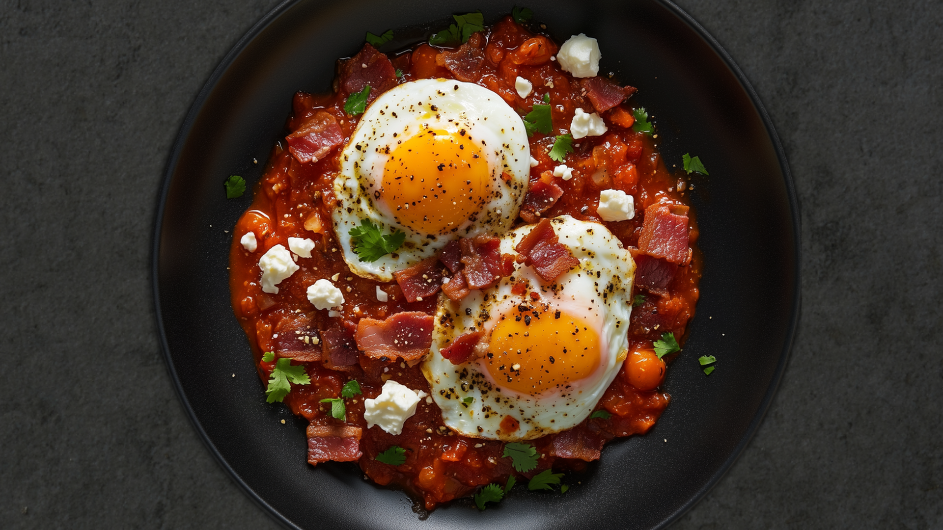 Photo of Poached Eggs in Spicy Tomato Sauce with Bacon 