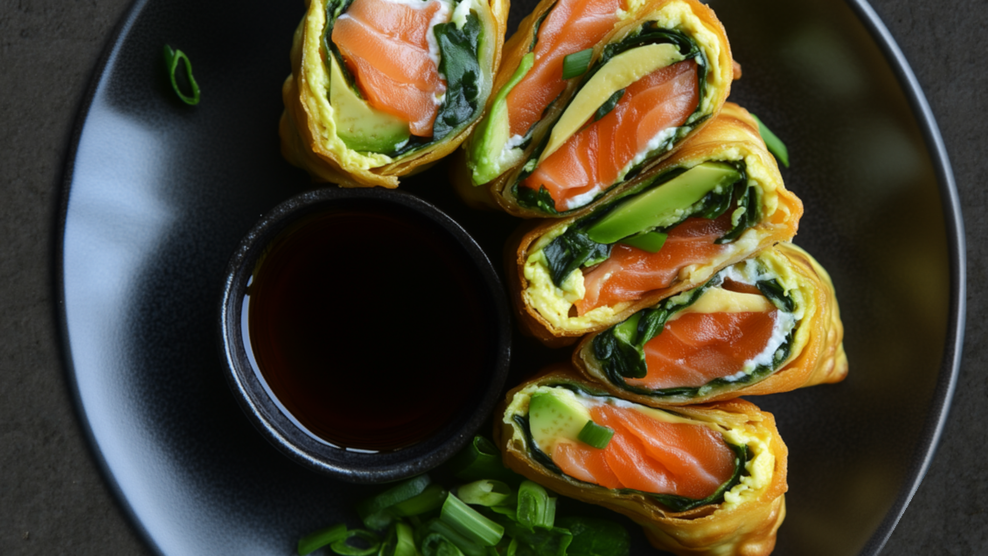 Photo of Avocado, Salmon, Cream Cheese & Spinach Egg Roll with Soy Sauce 