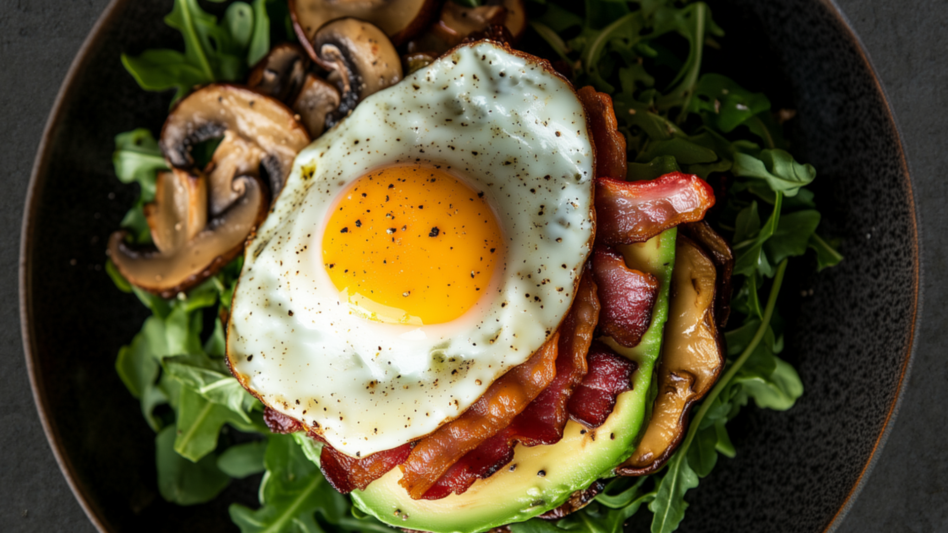 Photo of Avocado & Turkey Bacon Egg Stack with Arugula and Mushrooms