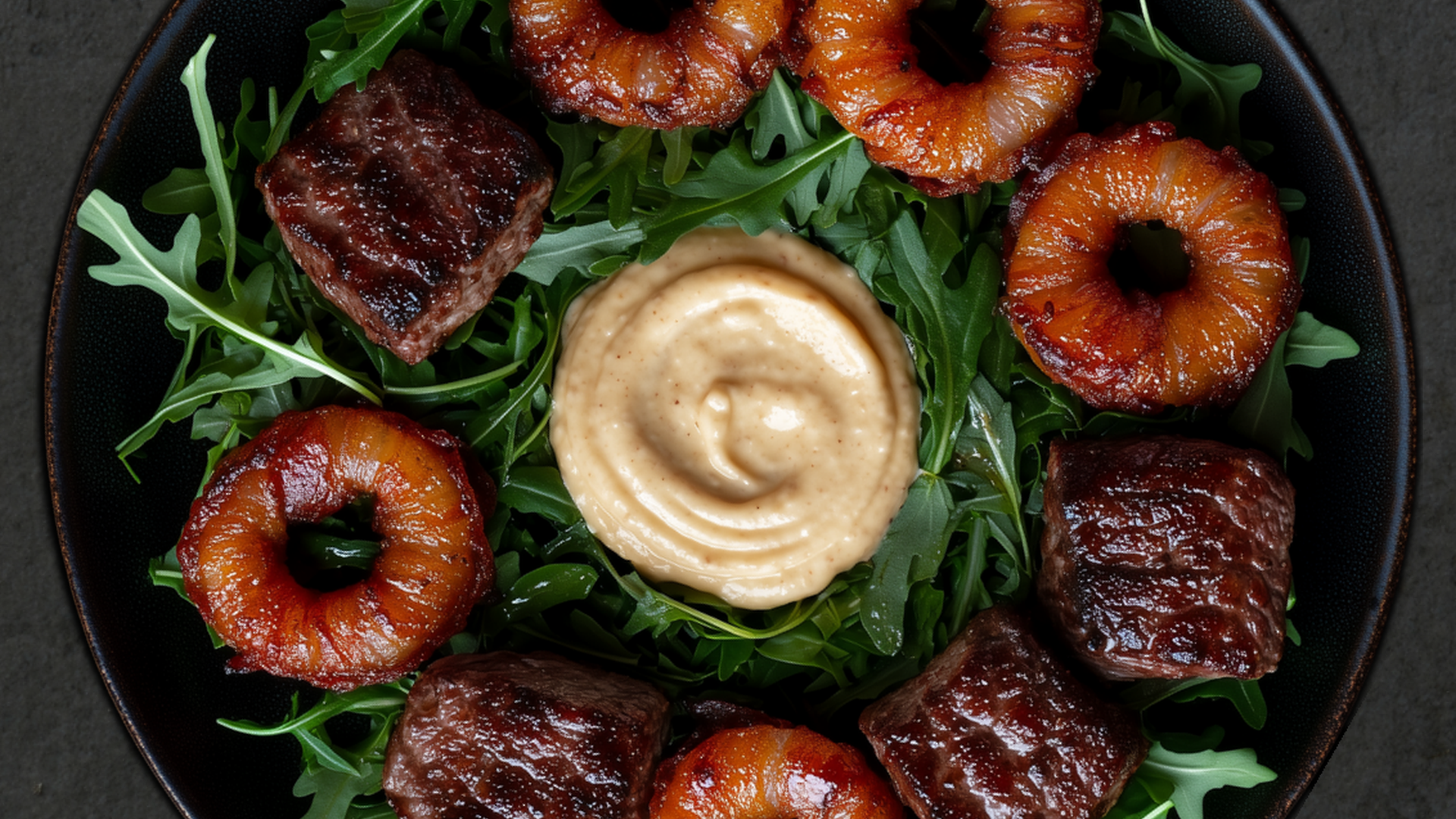 Photo of Garlic Steak Bites with Bacon-Wrapped Onion Rings over Arugula 