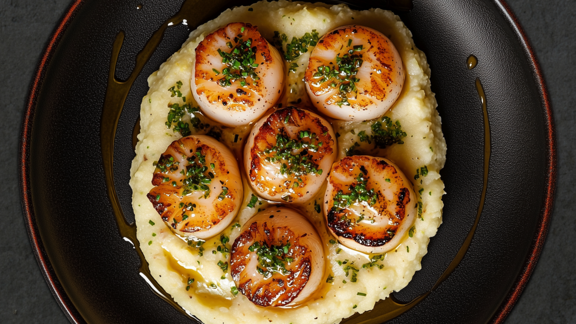 Photo of Seared Scallops with Cauliflower Purée and Chive Oil 