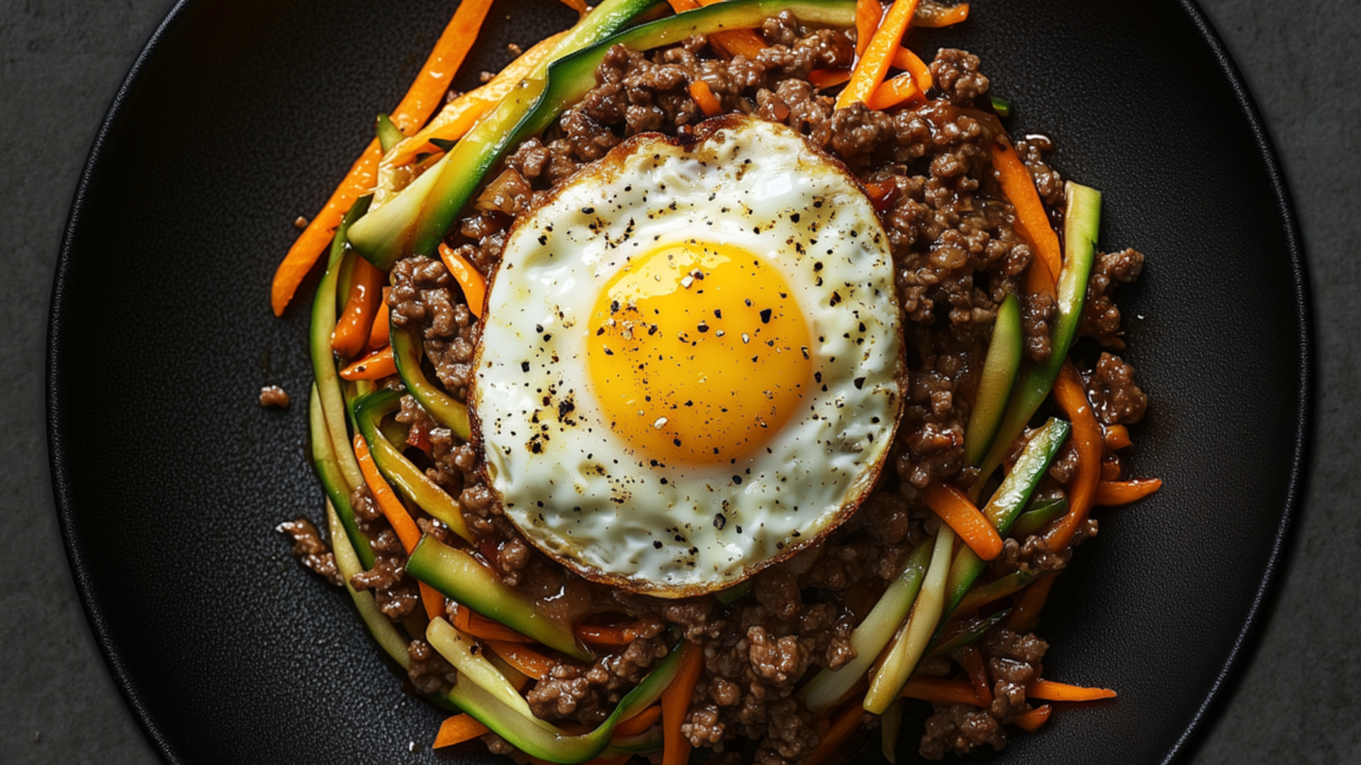 Photo of Beef & Veggie Bowl with Sriracha and Fried Egg 