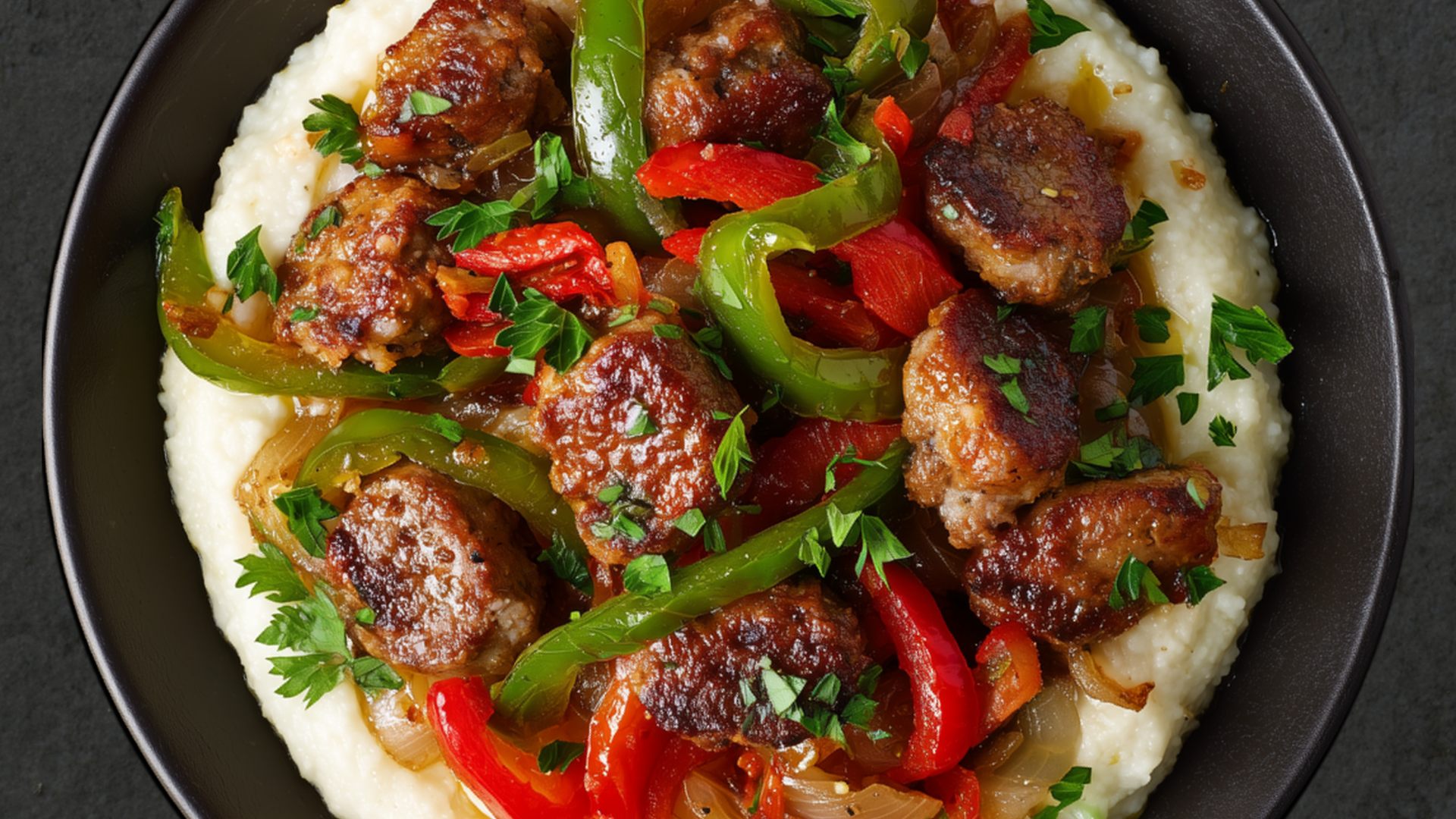Photo of Italian Sausage and Peppers Skillet over Cauliflower Mash