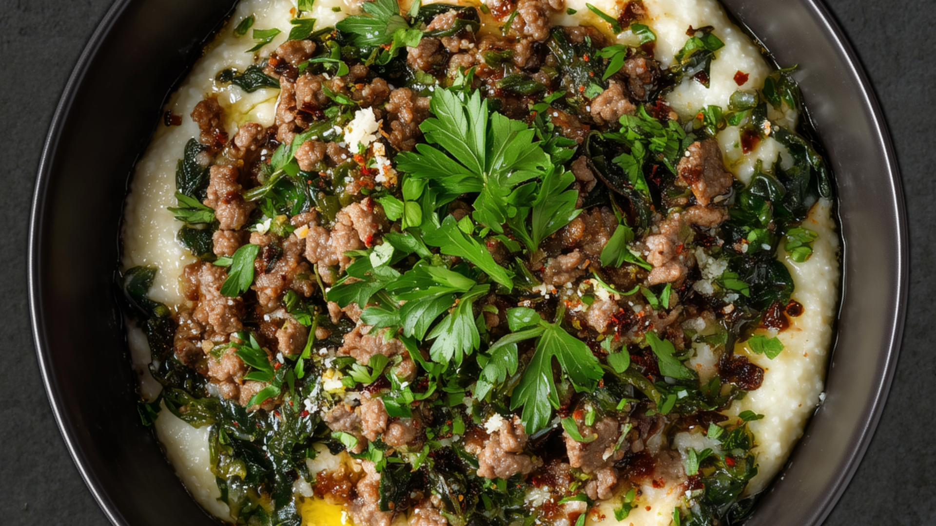 Photo of Beef & Spinach Bowl Over Cheesy Cauliflower Grits