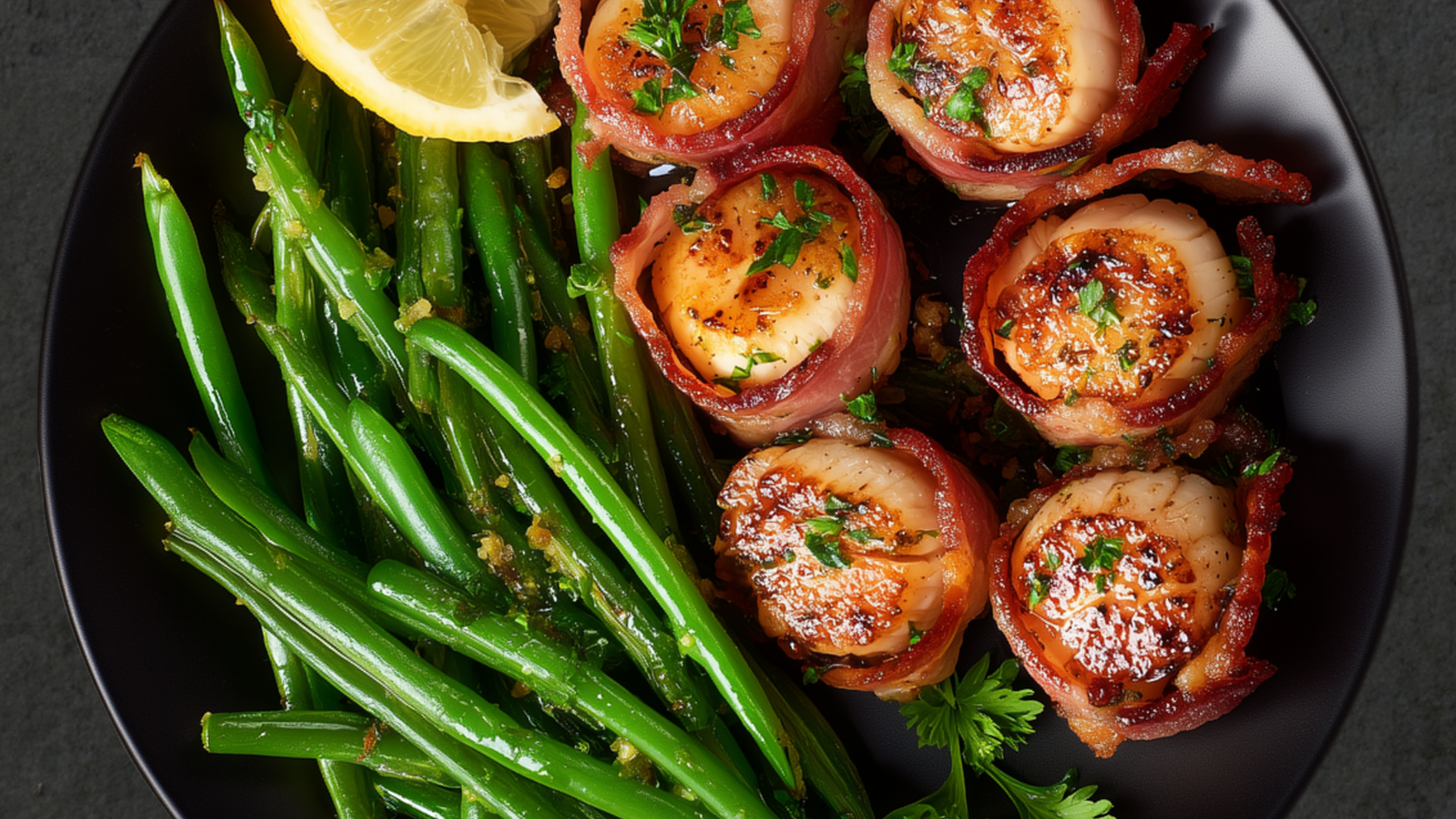 Photo of Bacon-Wrapped Scallops with Green Beans