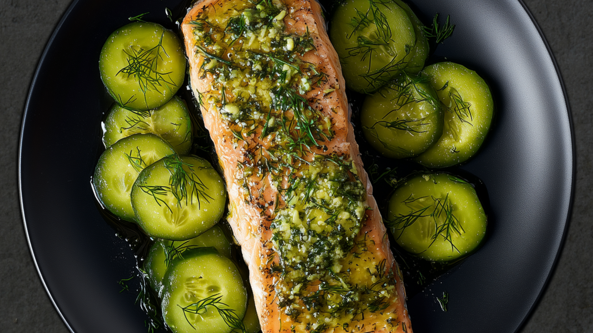 Photo of Salmon with Dill Butter and Pickled Cucumbers