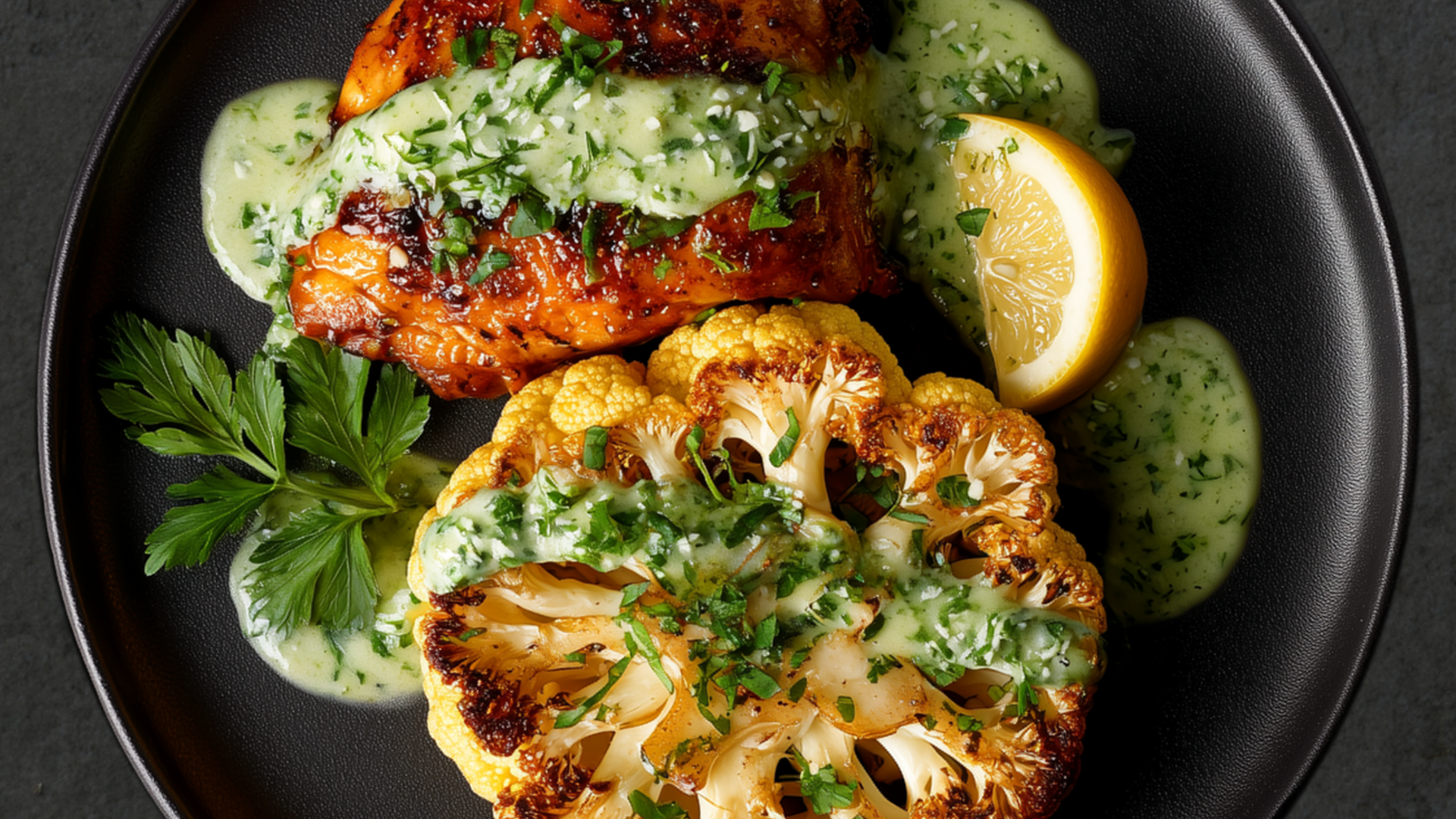 Photo of Cauliflower Steaks with Herb Sauce and Baked Chicken